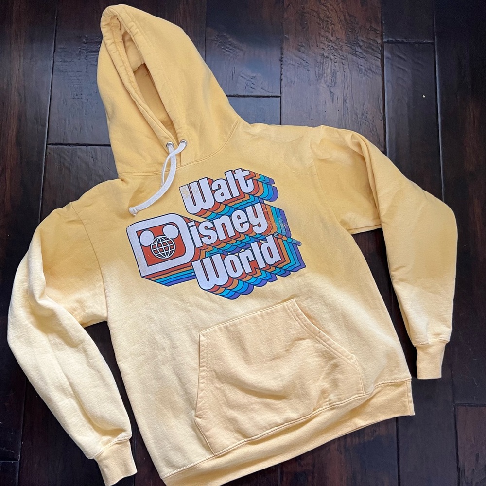Walt Disney World Sweatshirt Retro Style Hoodie Yellow Rainbow Women Small Flaws